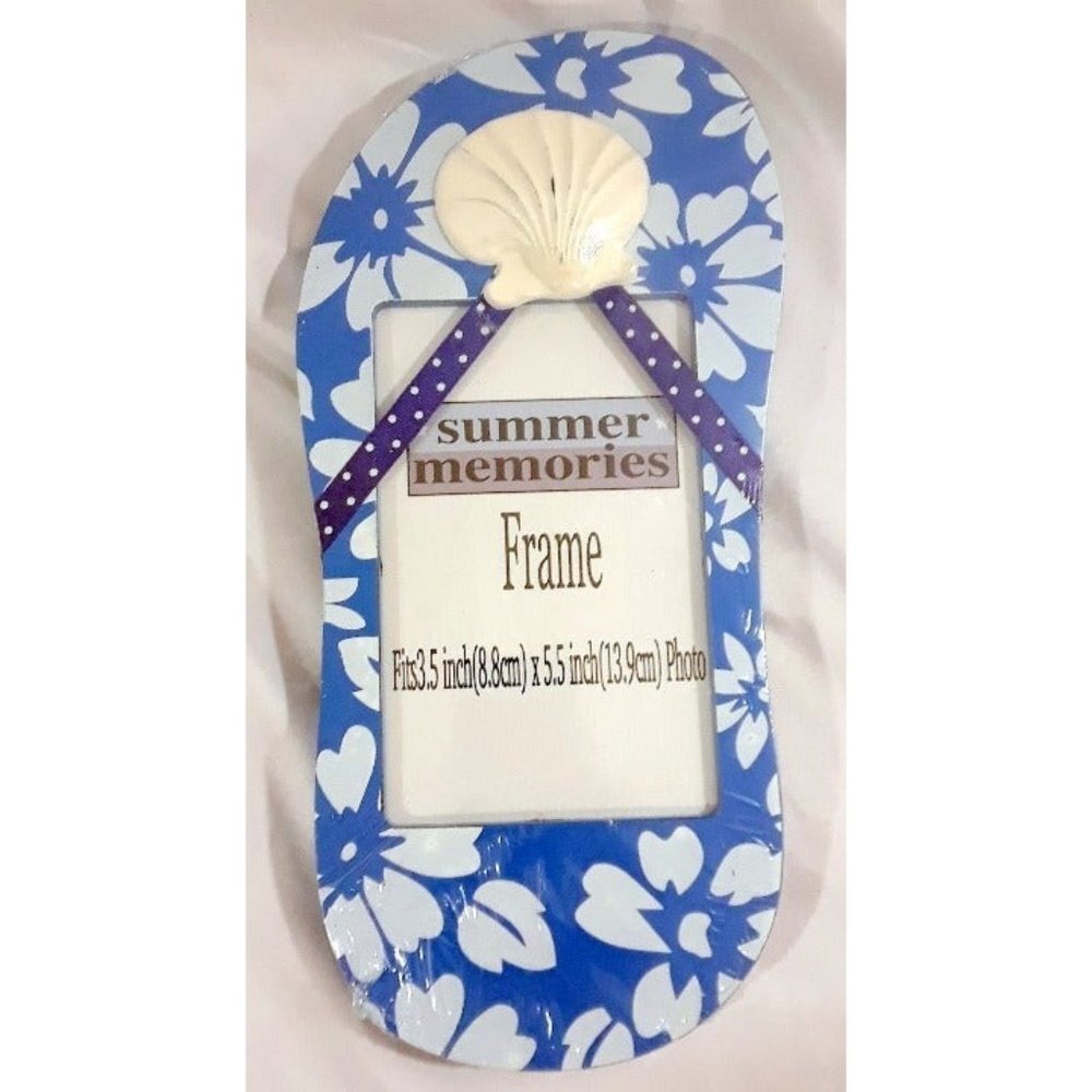 Summer Memories Flip Flop Photo Frame Beach Seashell Decor Blue Floral - Picture 1 of 3